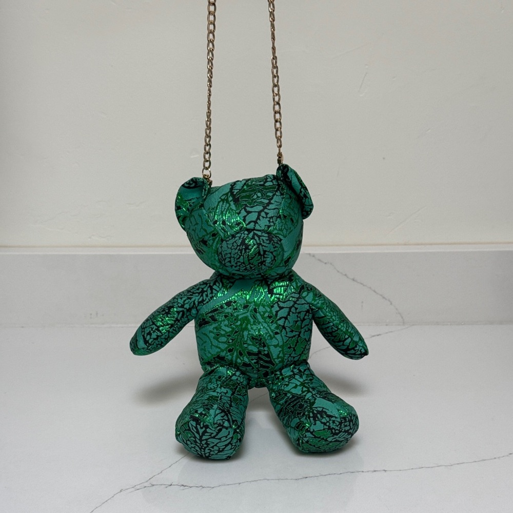 Green Teddy Bear Gold Chain Purse Bag